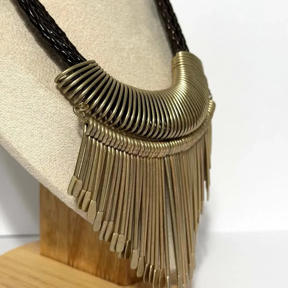 Chico’s Gold Fringe Bib Statement Necklace | Brown Braided Cord | NWOT